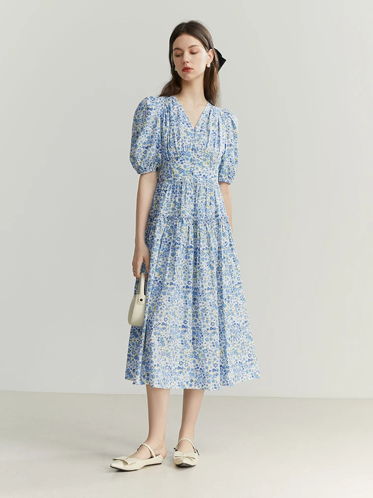 Blue High Waist Floral Dress