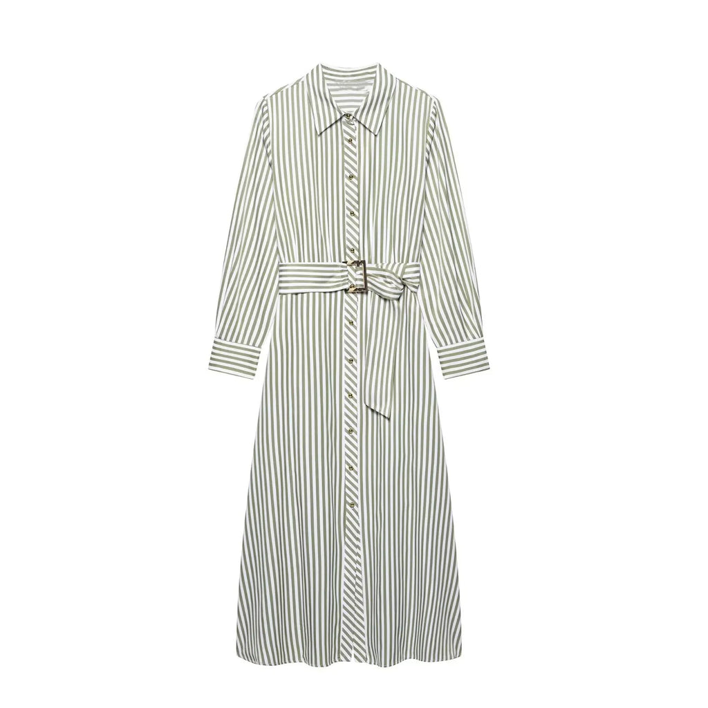 Striped Print Midi Dress with Belt