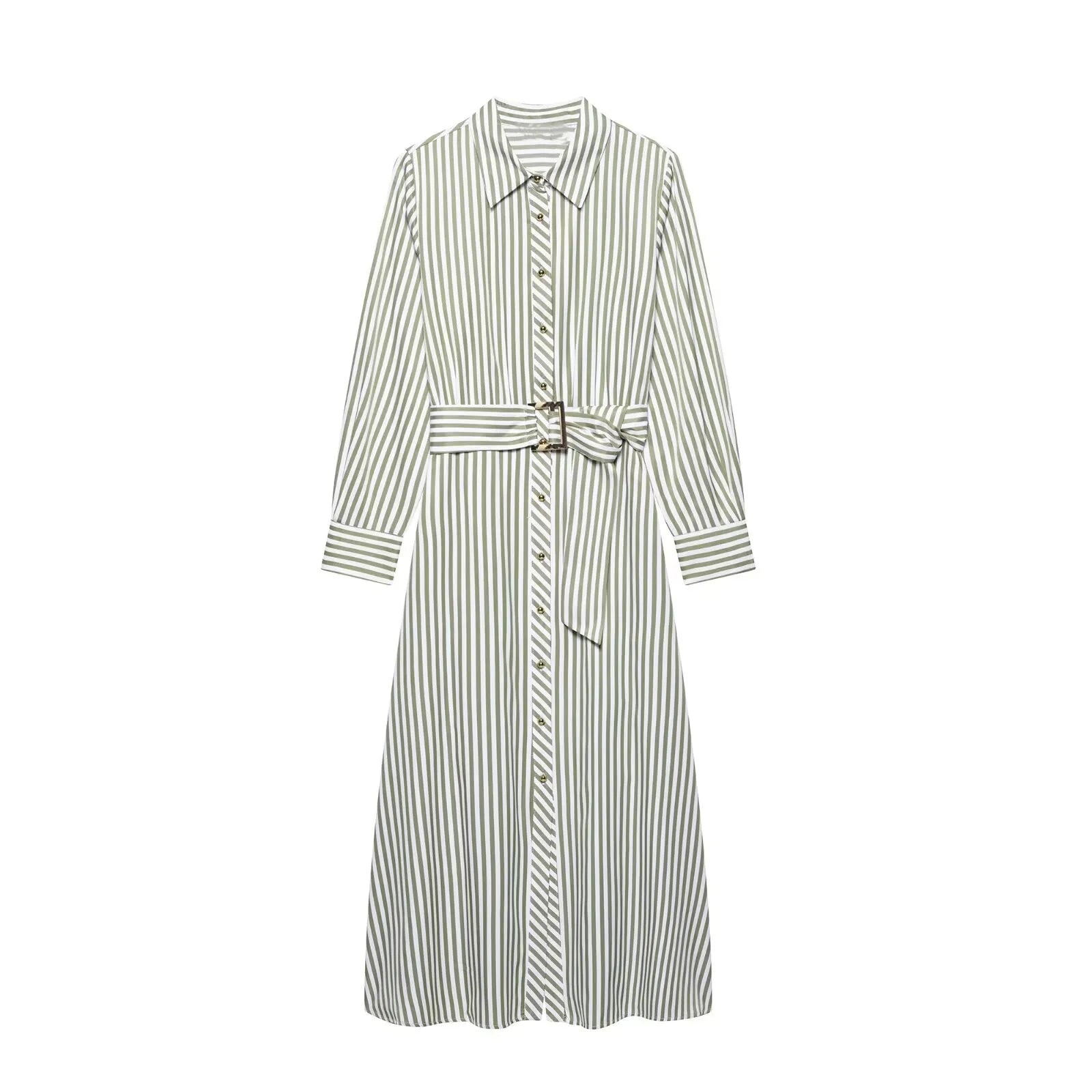 Striped Print Midi Dress with Belt