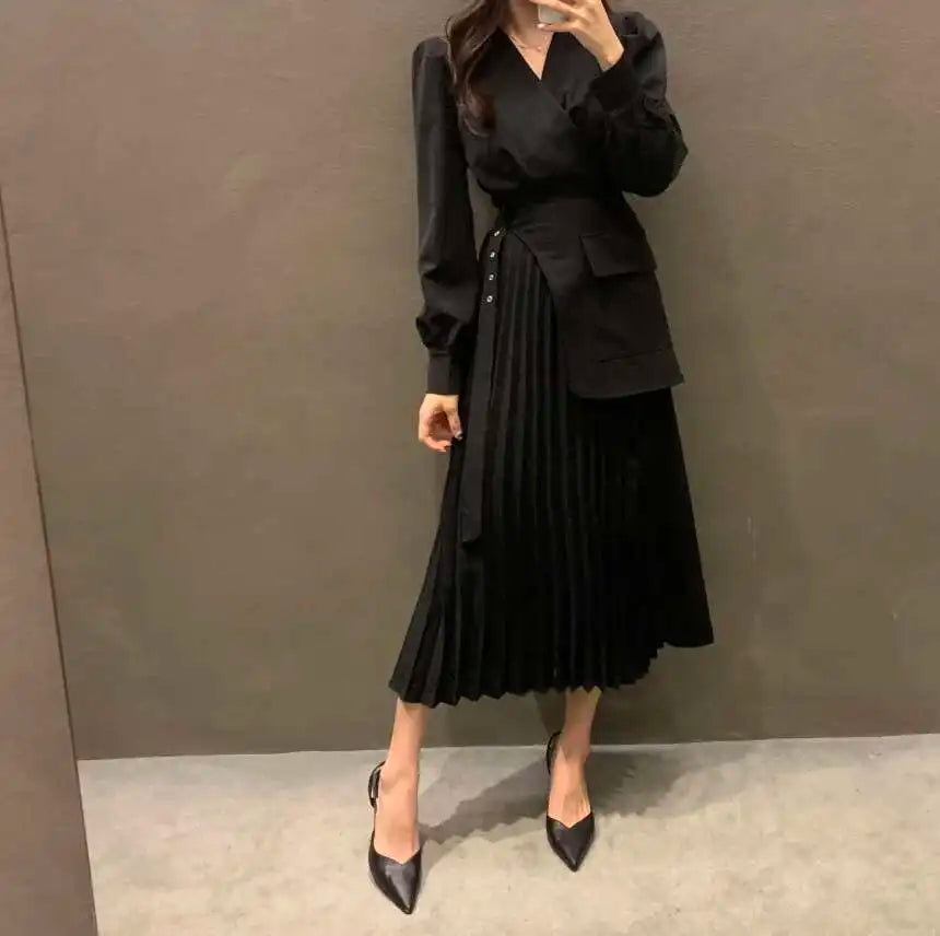V-neck Long Sleeve Suit Dress