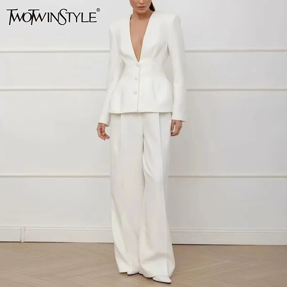 V Neck Long Sleeve Coat & High Waist Pant