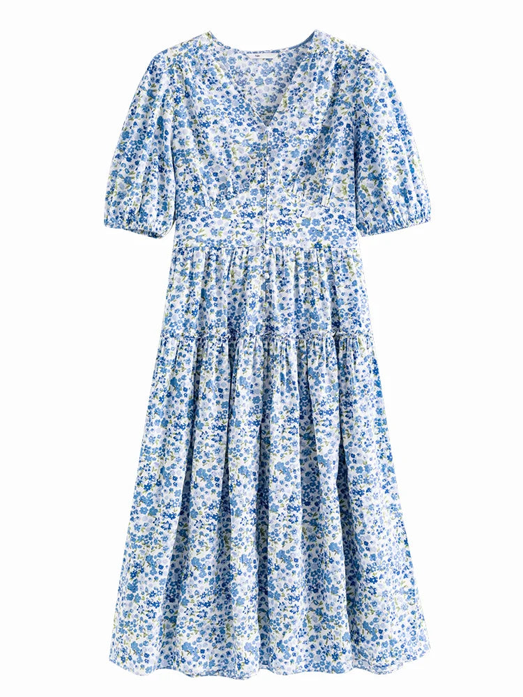 Blue High Waist Floral Dress