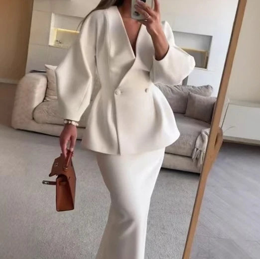 Button Puff Sleeve Top & Slim Skirt