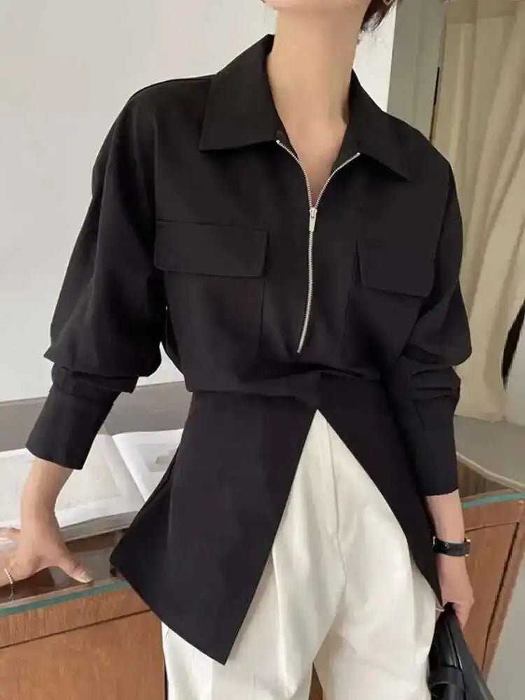 Women White Zipper Pocket Shirt