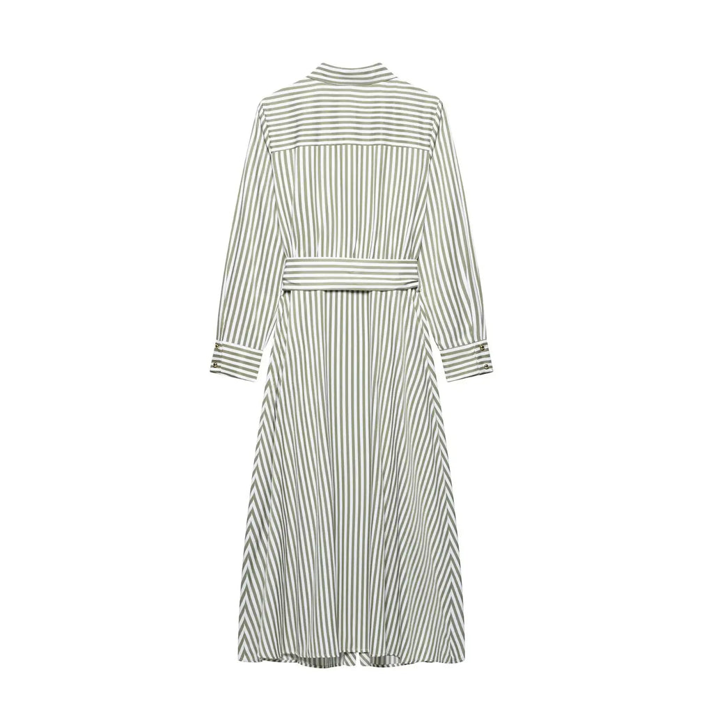 Striped Print Midi Dress with Belt
