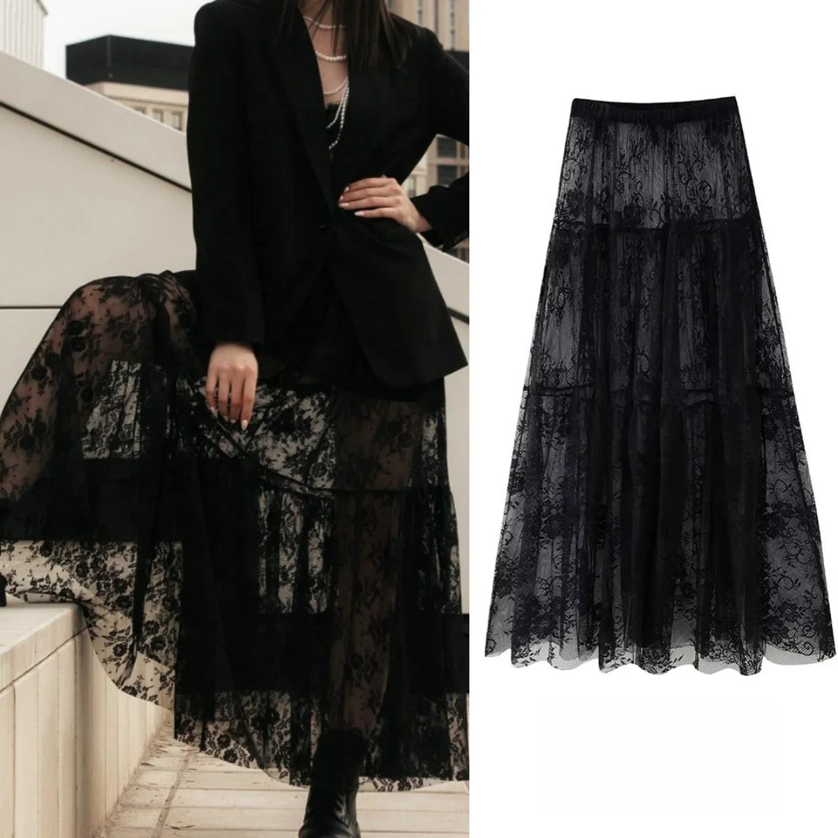 Black Lace High Waist Skirt