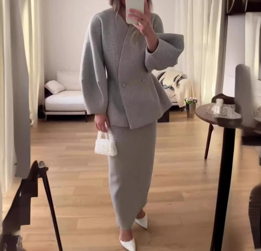 Button Puff Sleeve Top & Slim Skirt