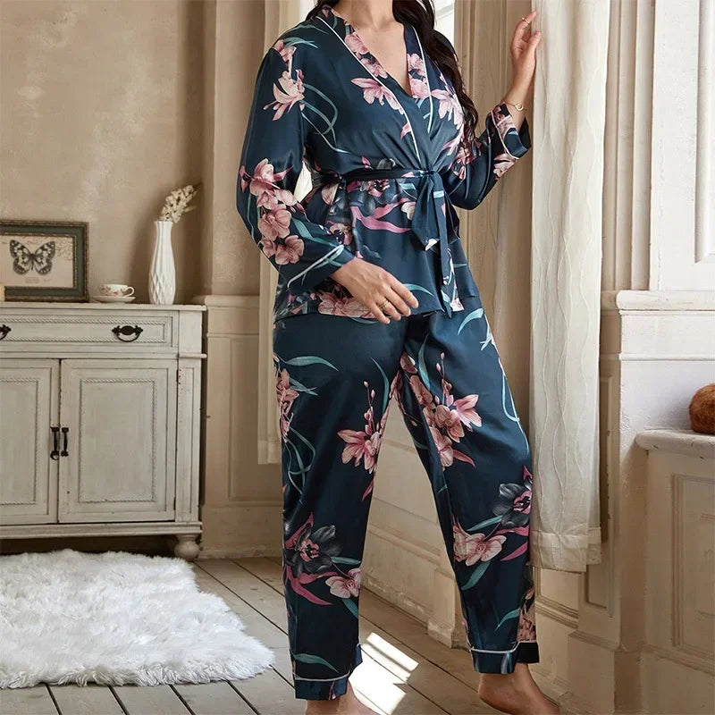 Printed Robe with Long Trouser Pajamas Set