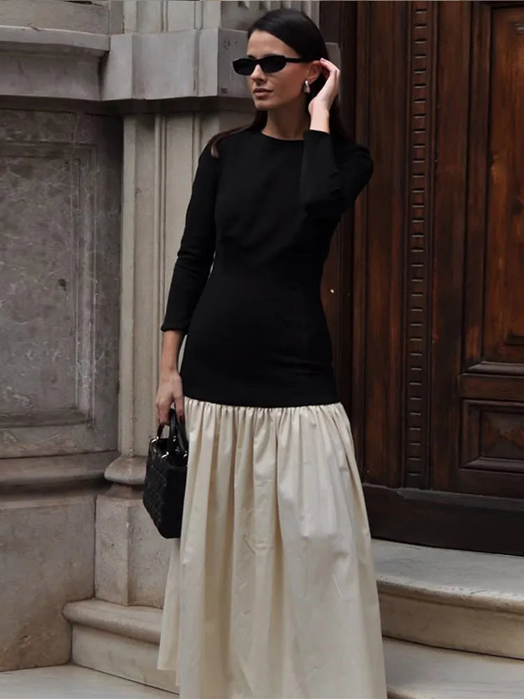 Contrast Splice Pleated Maxi Dress