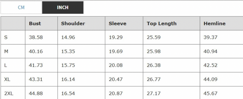 Tuxedo Blouse Shirts Size Chart
