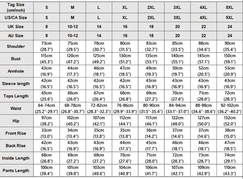 Daily Outfits Size Chart