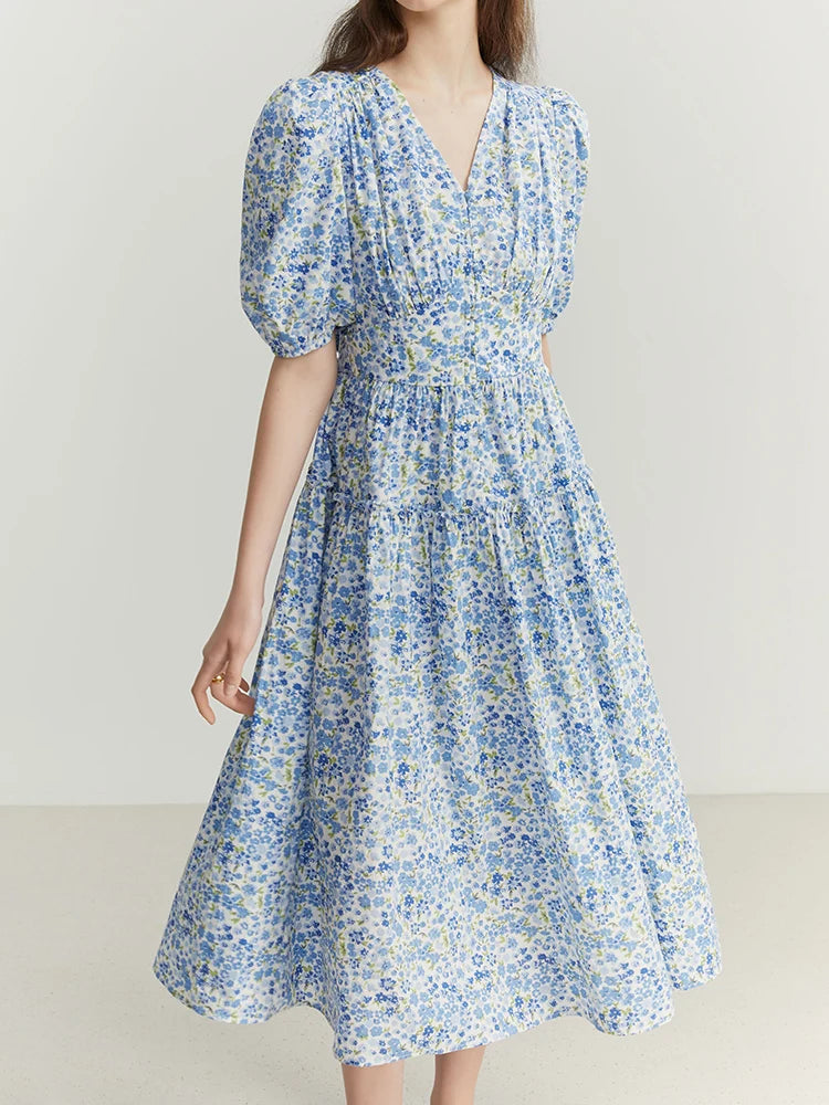 Blue High Waist Floral Dress