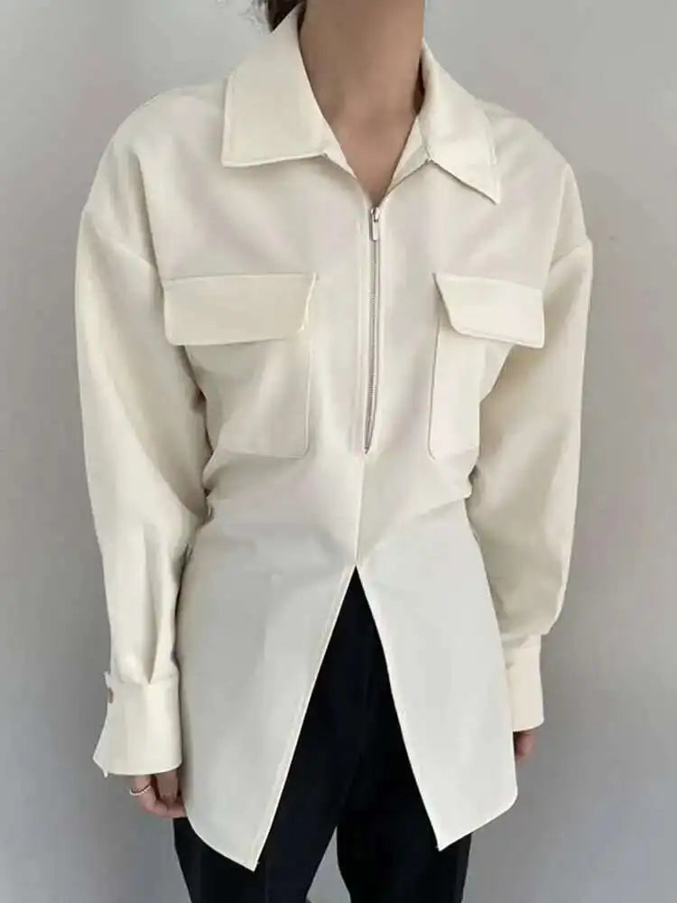 Women White Zipper Pocket Shirt