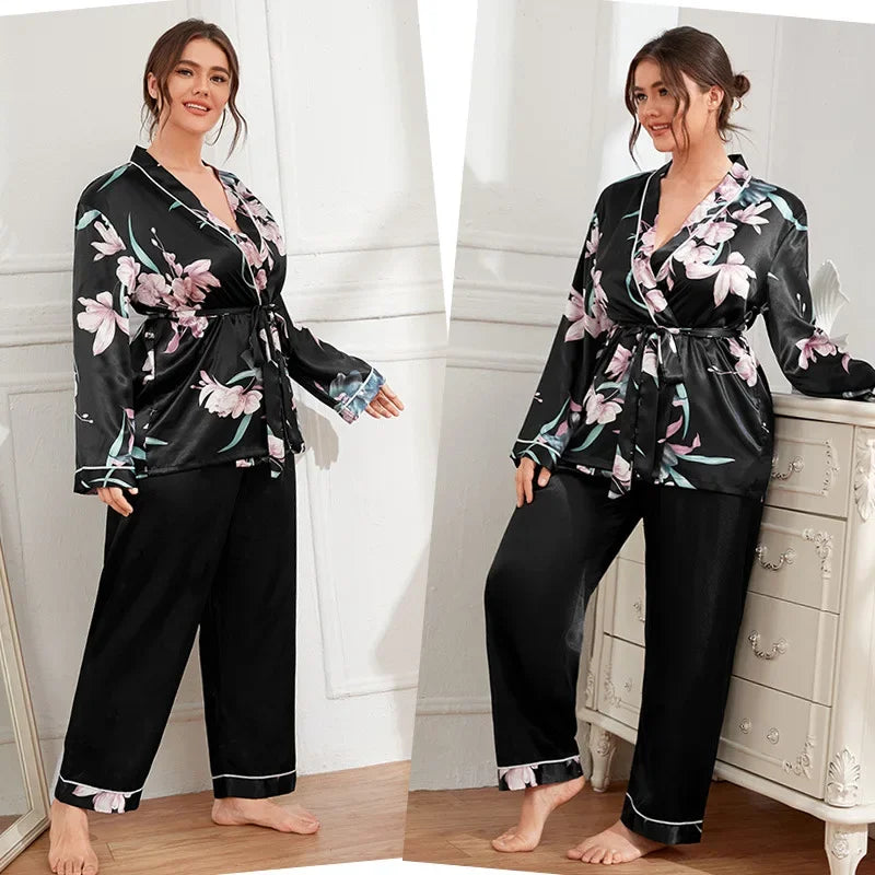 Printed Robe with Long Trouser Pajamas Set