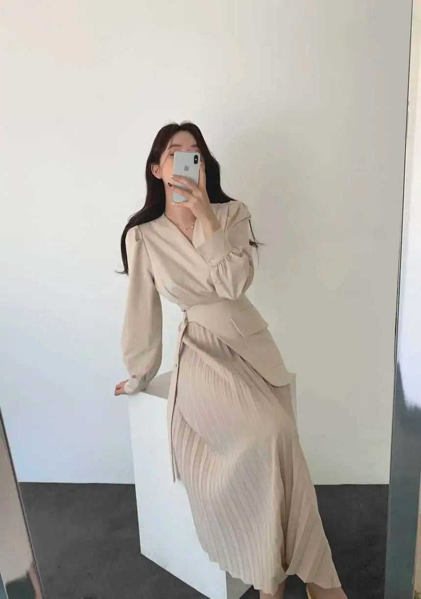V-neck Long Sleeve Suit Dress