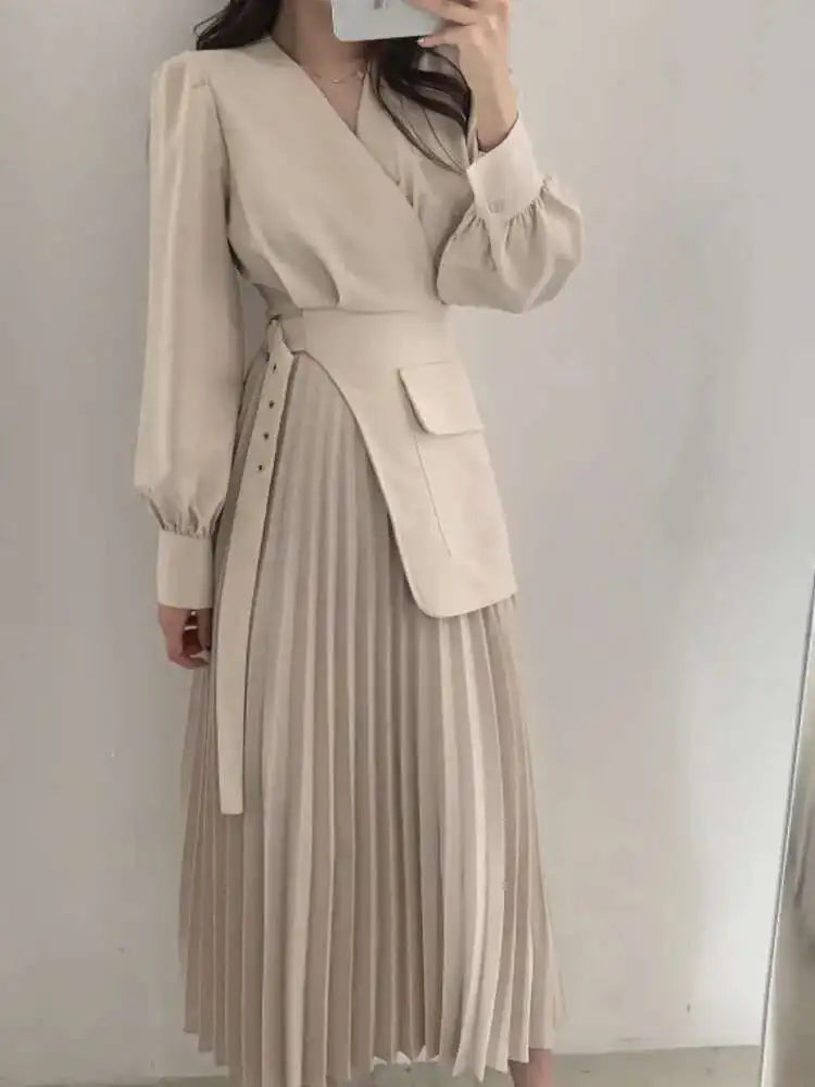 V-neck Long Sleeve Suit Dress